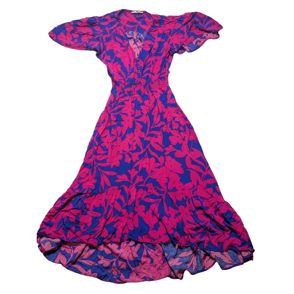 Abel The Label Pink Blue Floral High Low Smocked Waist Midi Dress Womens Small